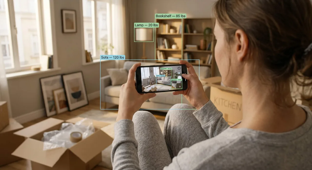 Woman scanning her living room with her phone as AI identifies and labels furniture with weight estimates