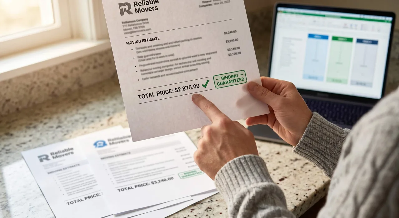 Person holding a competing moving quote showing a guaranteed total price, with two more estimates and a comparison spreadsheet on a laptop in the background