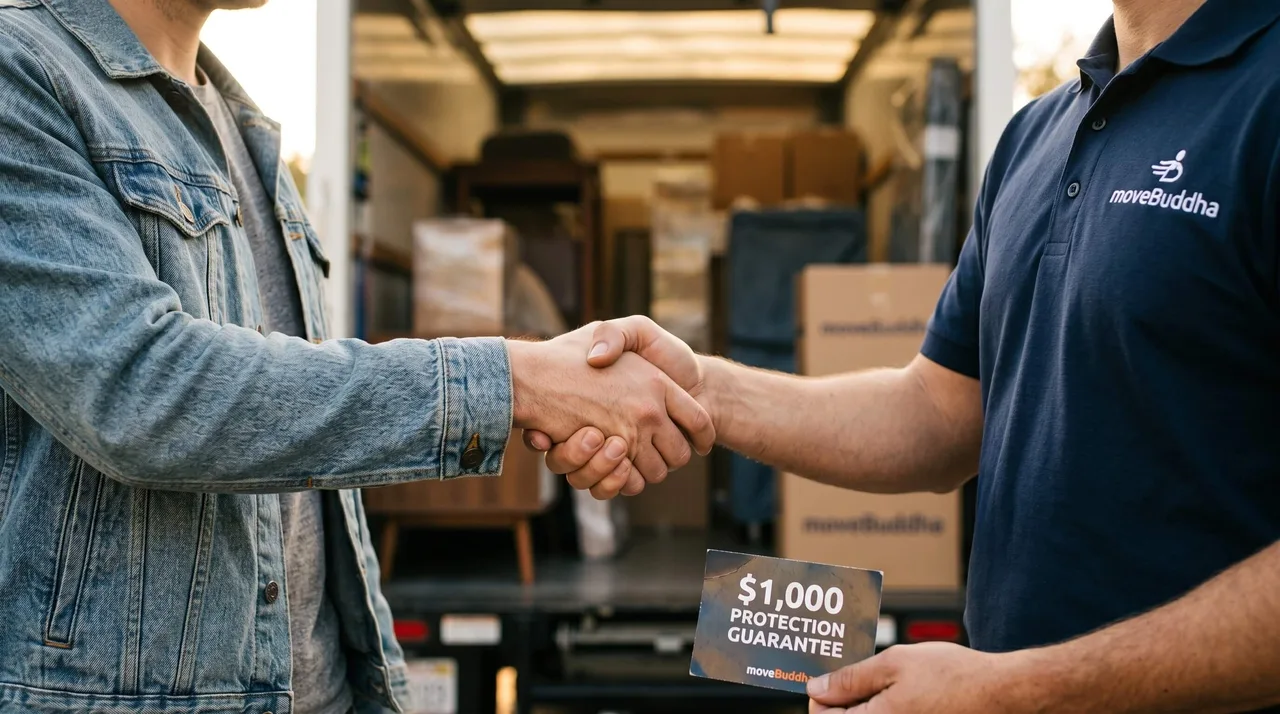 Customer and moveBuddha team member shaking hands in front of a loaded moving truck, holding a $1,000 Protection Guarantee card