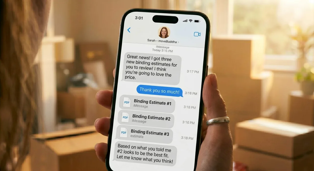 iPhone showing a text conversation with Sarah, a moveBuddha concierge, delivering three competing estimates