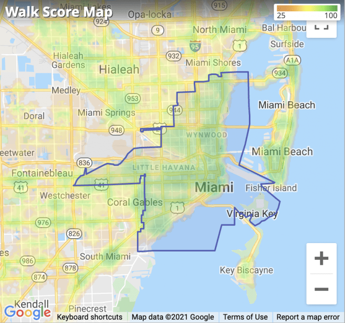 Miami, FL Walkscore Map 2021