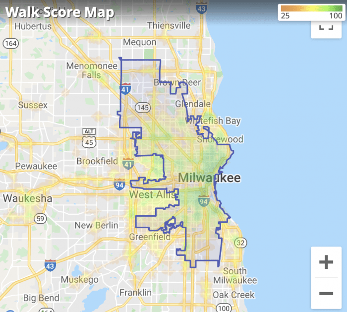Milwaukee, WI Walk Score Heatmap 2021