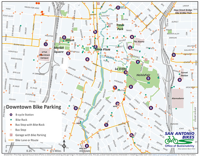 Downtown San Antonio TX Bike Parking Map