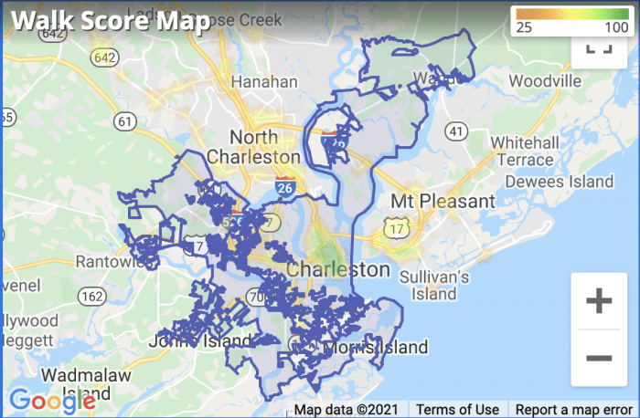 Charleston WalkScore Map 2021