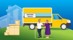 moving discounts: graphic featuring seniors in front of moving truck