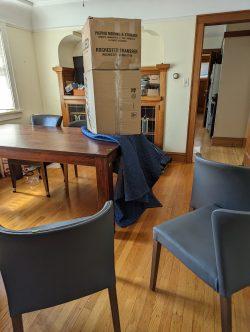Moving boxes stacked on a table