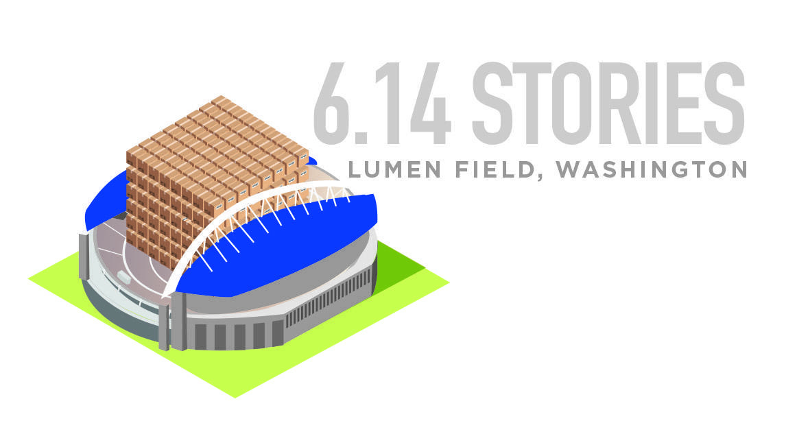 An image showing a 6-story tall stack of boxes filling Lumen Field in Washington.