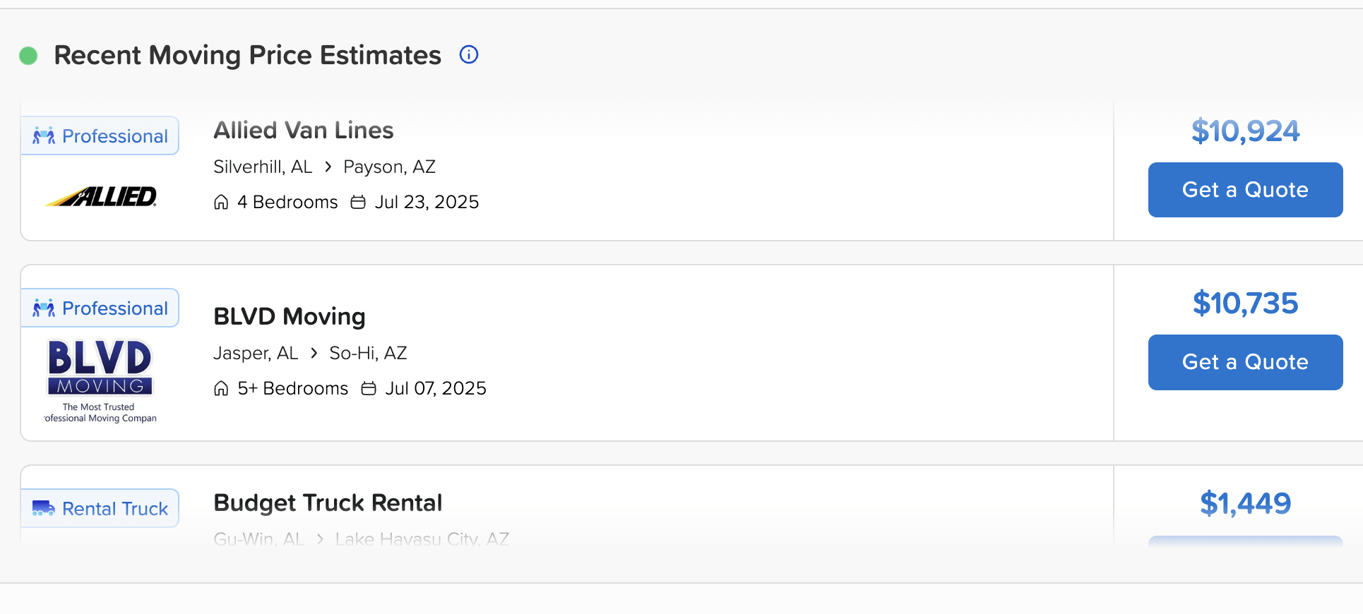 live feed pricing screenshot